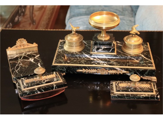 4 Piece Dark Green Marble With Gold Detail Writing Set American Eagle Inkwell Set