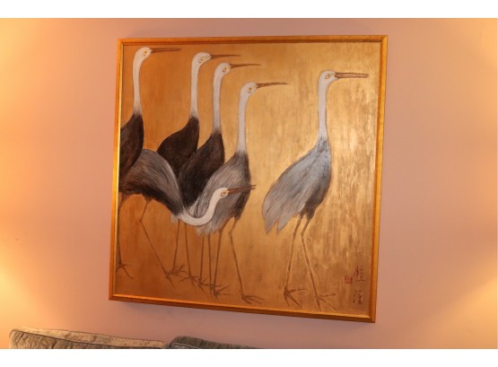 Large Hand Painted Asian Style Art 6 Cranes Signed In Corner In Large Gold Frame 50' Squ.