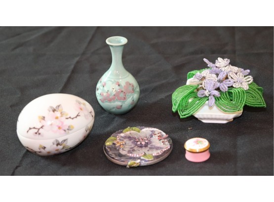 Lot Of Small Decorative Items Includes Small Stamped Vase, Limoges Floral Egg, Floral Compact