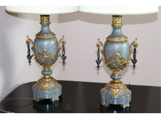 Beautiful Pair Of Marble Stone Lamps With Amazing Bronze Detail
