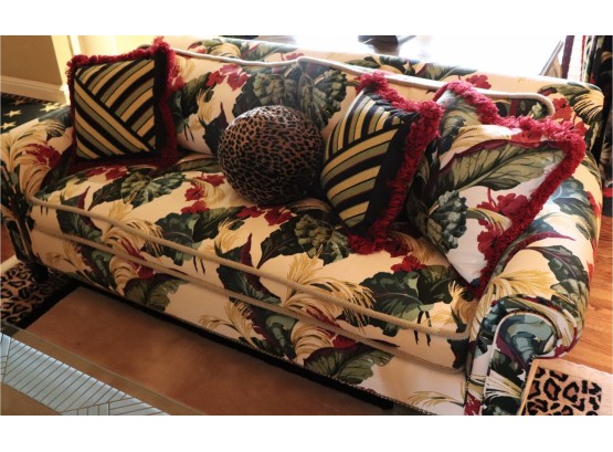 Quality Custom Fabric Sofa With Pillows And Studding Along Bottom Edge