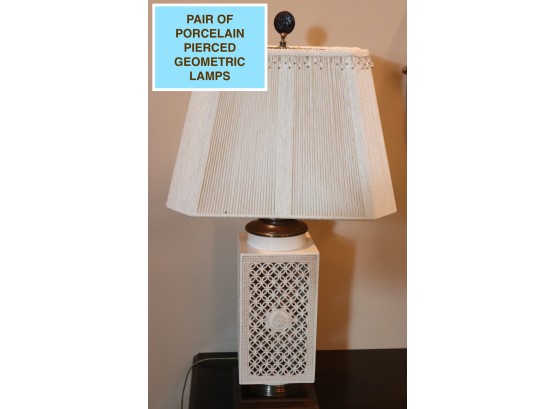 Pair Of Large Porcelain Lamps On Wood Base With Knitted Shades