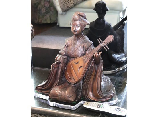 Asian Bronze Statue Lady With Mandolin On Custom Lucite Tray 18' W X 17' Tall