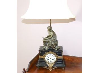 Vintage Bronze Clock Lamp On Marble Base