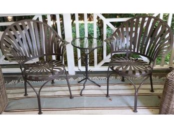 Quality Metal Outdoor Set Includes 2 Chairs With Small Leaf Design Table With Glass Top