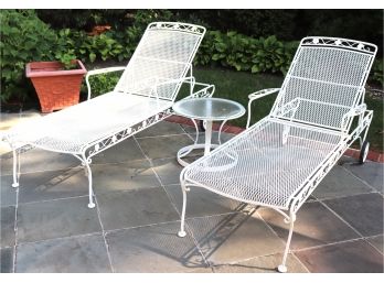 Set Of 2 Quality Metal Outdoor Lounge Chairs With Floral Detail Includes Side Table