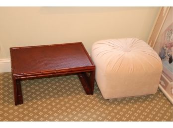Bamboo Style Serving Tray And Small White Ottoman
