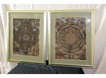 Pair Of Framed Asian Art Hand Painted On Silk In Green Matted Frames