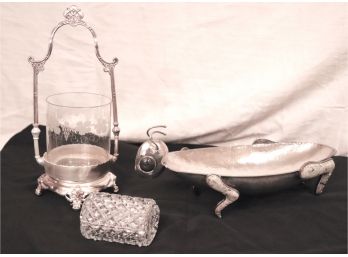 Large Hand Hammered Grasshopper Tray With Cut Crystal Box And Serving Dish