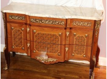 Beautiful  5 Drawer Inlaid Chest With Wood And Filagree Inlay And Cream Marble Top With Black Veining