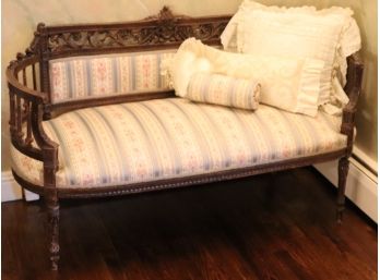 Beautiful Carved Antique Bench With Custom Upholstery Measures 50' W X 23' D X 30' Tall