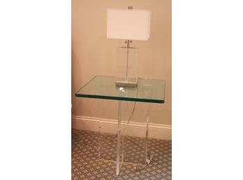 Lucite Table With Thick Glass Top And Lucite Lamp