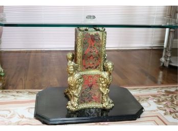 Vintage Rectangular Glass Top Coffee Table With Detailed Inlaid Base And Gold Bronze Figurines
