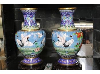 Pair Of Large Cloisonne  Blue Enamel Urns With Brass Detail And Wood Pedestals