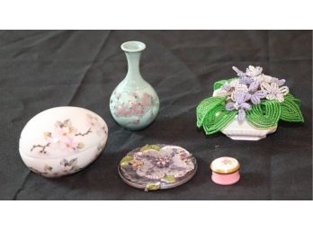 Lot Of Small Decorative Items Includes Small Stamped Vase, Limoges Floral Egg, Floral Compact