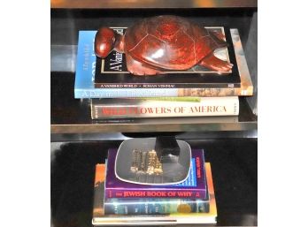 Assorted Books With Carved Wood Turtle, Titles And Authors Vary