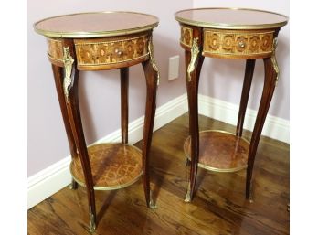 Pair Of Antique Inlaid Table Stands With Drawers, Bottom Shelf And Brass Detail Throughout