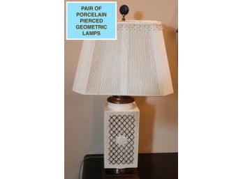 Pair Of Large Porcelain Lamps On Wood Base With Knitted Shades
