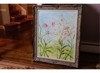 Large Pink Floral Print In Multi Colored Wood Frame