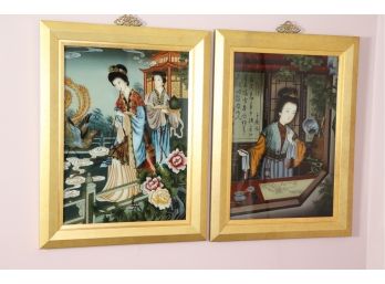 Pair Of Asian Paintings On Reverse Glass In Gold Frame With Brass Hook