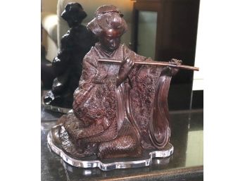 Asian Bronze Statue Lady With Flute On Custom Lucite Tray 18' W X 17' Tall