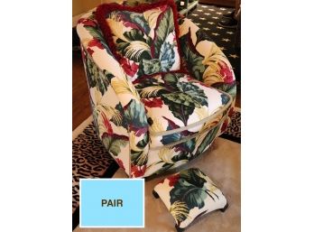 Pair Of Quality Custom Floral Arm Chairs With Footrest