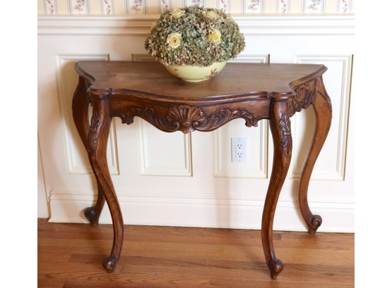 Demilune Walnut Console Table With Carved Shell & Legs