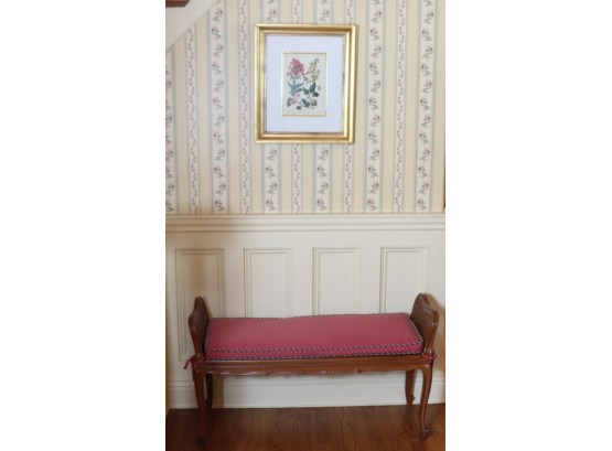Cane & Wood Entry Bench With Cushion & Floral Print In Gold Frame