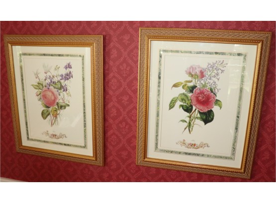 Pair Of Gold Lattice Design Framed Floral Prints