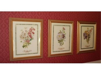 3 Gold Lattice Design Framed Floral Prints
