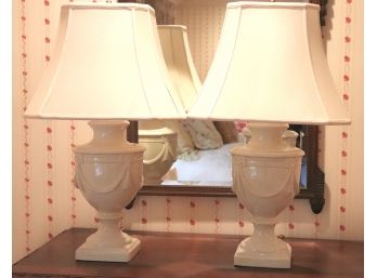 Pair Of Crackle Cream Finished Urn Pedestal Lamps
