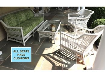 White Indoor/Outdoor Wicker Seating Set With Green Patterned Cushions