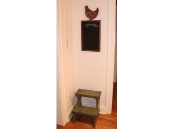 Green Distressed Step Stool With French Country Hen Topped Blackboard