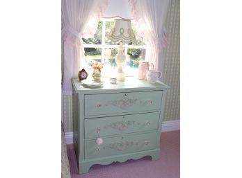 Painted Green Shabby Chic Wooden 3 Drawer Dresser With Clear Lucite Pulls & Decorative Accessories