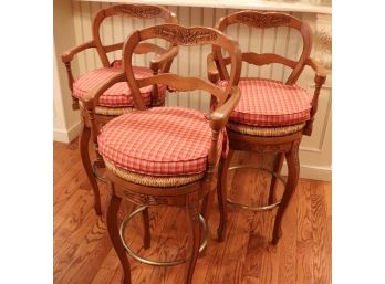 Set Of 3 Country French Carved Wood With Rattan Seat & Cranberry Plaid Cushion