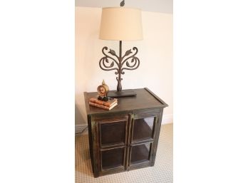 Oiled Rubbed Finish Wood Cabinet W/ Mesh Metal Inset Doors & Sides W/ Decorative Accessories & Tulip Metal Lam