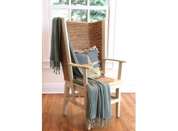 Country Style Painted Wood & Natural Fiber Wing Back Chair With Accessories
