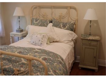 Shabby Chic Cream Painted Metal Full Size Bedframe With End Tables, Crystal Lamps & Decorative Accessories
