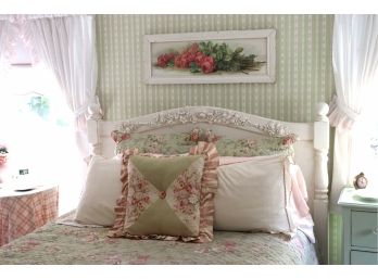 Carved Flower Shabby Chic Queen Bedframe With Distressed Framed Bouquet Of Roses