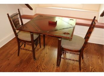Theodore Alexander Game Table With 2 Wood & Cane Chairs With Plaid Cushions