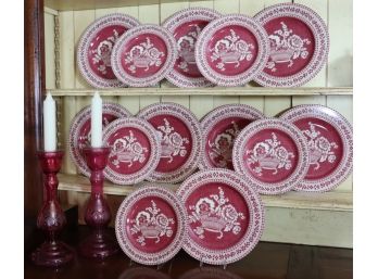 . Pierre Frey “Paris” Made In France Cranberry & Cream Floral Plate Set