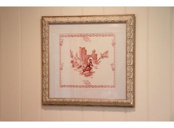 Cranberry Toile Style Print In Wooden Carved Frame