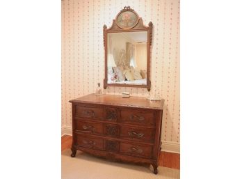 Antique 3 Drawer Wooden Chest With Wood Painted Floral Carved Mirror & Decorative Accessories