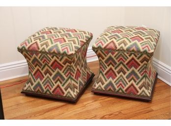 Pair Of Geometric Shaped Upholstered Ottomans In Multicolor Fabric