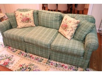 Green & Cream Plaid Upholstered 3 Cushion Roll Arm Sofa