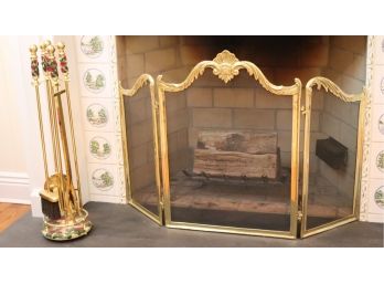 Brass Fireplace Screen With Tools