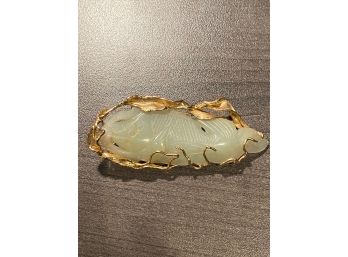 Asian Style Green Carved Jade? Fish In 14K Gold Frame Pin