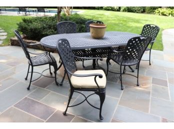 Black Lattice Design Cast Aluminum Oblong Dining Table Set With 6 Arm Chairs, Like New Smith & Hawken Cushions