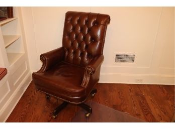 Brown Tufted Leather Clubman Swivel Desk Chair On Wheels