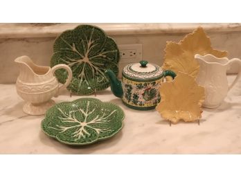 Set Of Decorative Pottery In Cream, Green & Pale Yellow